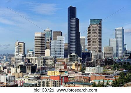 Seattle city skyline against blue sky, Seattle, Washington, United States View Large Photo Image Stock Photography - Seattle city skyline against blue sky, Seattle, Washington, United States. Fotosearch