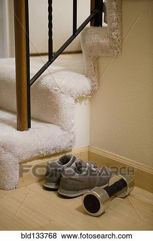 Sneakers and barbell by steps View Large Photo Image Stock Photo - Sneakers and barbell by steps. Fotosearch