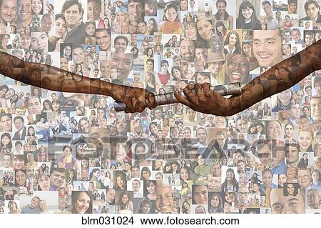 Picture - Hands passing baton over collage of smiling face. Fotosearch