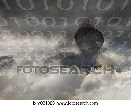Stock Image - Hooded person with binary code in clouds. Fotosearch