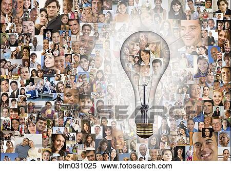 Illuminated light bulb over collage of faces View Large Photo Image Stock Photography - Illuminated light bulb over collage of faces . Fotosearch