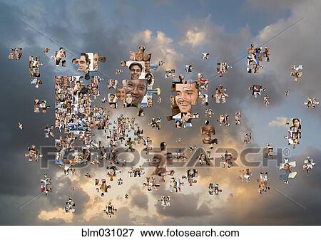 Puzzle pieces with smiling faces floating in cloudy sky View Large Photo Image Stock Photo - Puzzle pieces with smiling faces floating in cloudy sky. Fotosearch