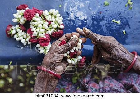 Picture - Woman stringing together flower garland. Fotosearch