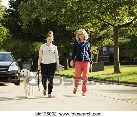 Stock Image - Caucasian mother and daughter walking dog on suburban street. Fotosearch