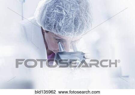 Stock Image - Hispanic scientist using microscope in lab. Fotosearch
