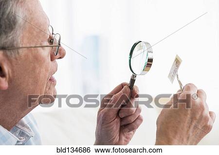 Senior Caucasian man examining stamp with magnifying glass View Large Photo Image Stock Photograph - Senior Caucasian man examining stamp with magnifying glass. Fotosearch