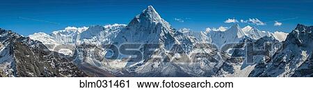 Stock Image - Panoramic view of snowy mountains in rural landscape, Tengboche, Khumbu, Nepal. Fotosearch