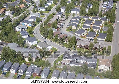 Picture - Aerial view of houses in suburban neighborhood. Fotosearch