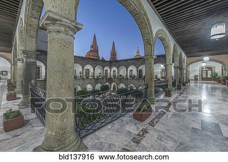 Stock Photograph - Arches and courtyard of Governor's Palace, Guadalajara, Jalisco, Mexico. Fotosearch