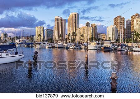 Cityscape and harbor in urban bay, Honolulu, Hawaii, United States View Large Photo Image Stock Photo - Cityscape and harbor in urban bay, Honolulu, Hawaii, United States. Fotosearch