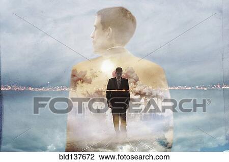 Stock Image - Double exposure of businessman and urban coastline. Fotosearch