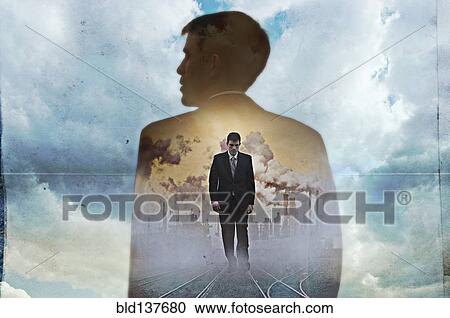 Stock Image - Double exposure of businessman in clouds. Fotosearch