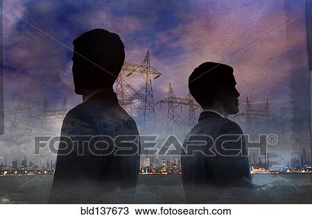 Stock Image - Double exposure of businessmen and power lines. Fotosearch