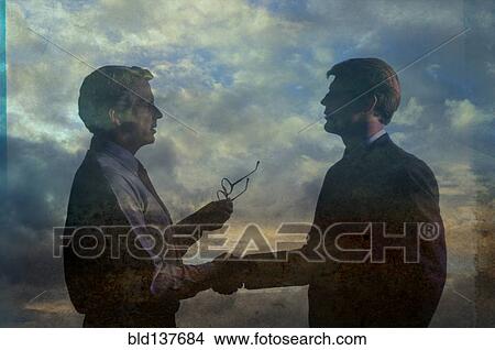 Picture - Double exposure of businessmen in clouds. Fotosearch