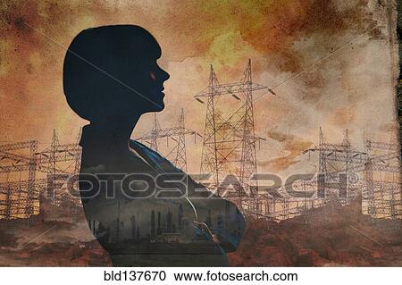Stock Image - Double exposure of businesswoman and power lines. Fotosearch
