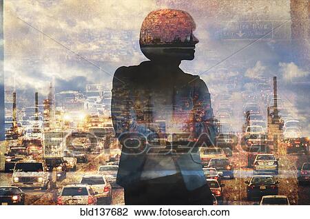 Stock Image - Double exposure of businesswoman and traffic. Fotosearch