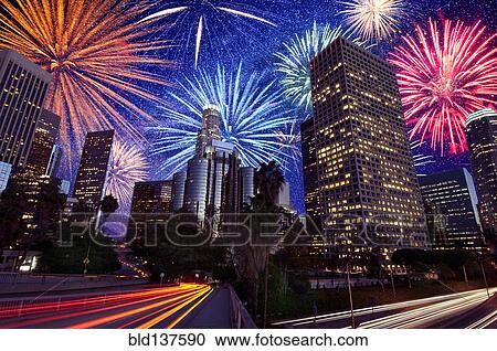 Stock Image - Fireworks exploding over downtown Los Angeles, California, United States. Fotosearch
