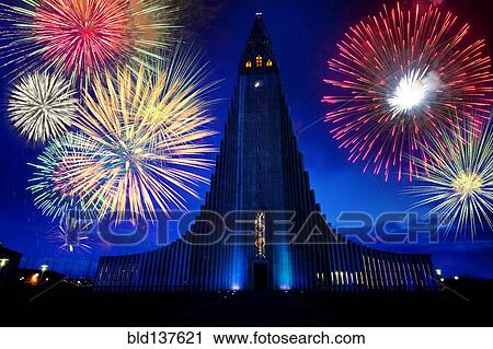 Fireworks exploding over monument in night sky, Reykjavik, Hofudborgarsvaedi, Iceland View Large Photo Image Stock Image - Fireworks exploding over monument in night sky, Reykjavik, Hofudborgarsvaedi, Iceland. Fotosearch