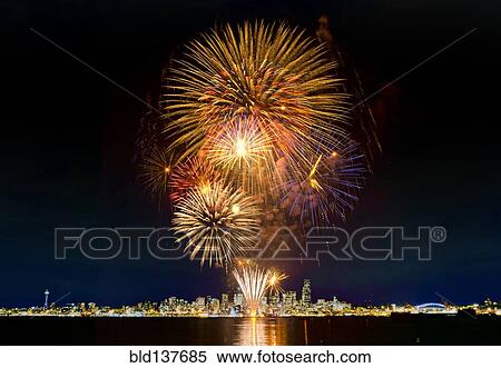 Fireworks exploding over Seattle city skyline, Washington, United States View Large Photo Image Stock Photography - Fireworks exploding over Seattle city skyline, Washington, United States. Fotosearch