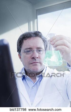 Stock Photo - Hispanic scientist examining beaker in lab. Fotosearch