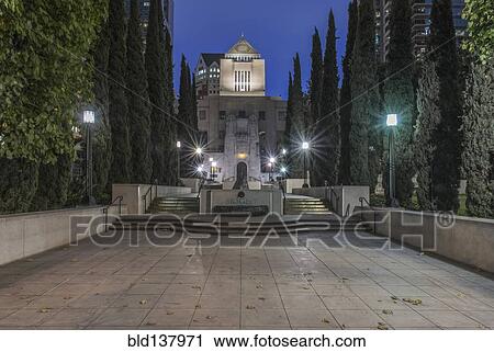 Stock Image - Los Angeles Public Library overlooking steps at dawn, Los Angeles, California, United States. Fotosearch