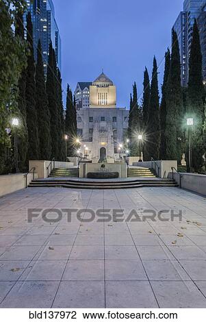 Stock Image - Los Angeles Public Library overlooking steps at dawn, Los Angeles, California, United States. Fotosearch