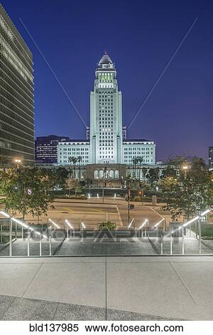 Stock Photography - Los Angeles Public Library overlooking cityscape, California, United States. Fotosearch