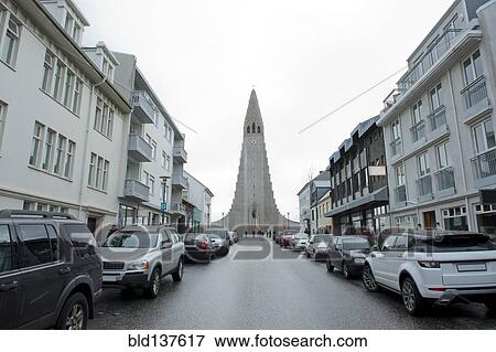 Stock Photo - Monument overlooking Reykjavik city street, Hofudborgarsvaedi, Iceland. Fotosearch