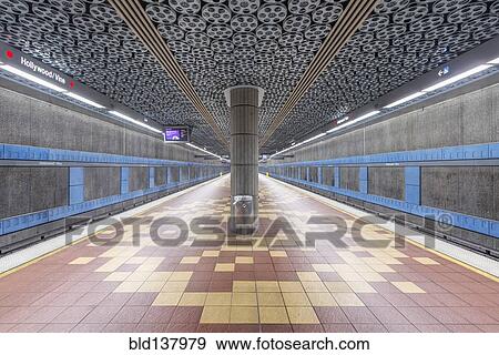 Stock Photo - Movie reels on ceiling in subway station, Los Angeles, California, United States. Fotosearch