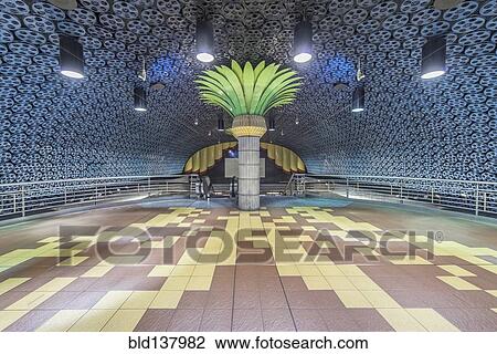 Stock Image - Ornate pillar and movie reels on ceiling in subway station, Los Angeles, California, United States. Fotosearch