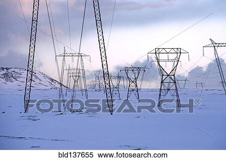 Power lines in snowy landscape View Large Photo Image Stock Photography - Power lines in snowy landscape. Fotosearch