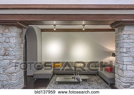 Stock Photo - Seating and lighting in modern hotel lobby. Fotosearch