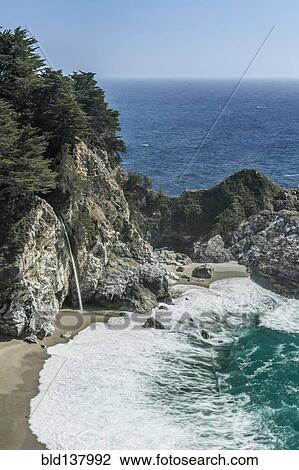 Stock Image - Waterfall pouring into waves washing up on rocky beach. Fotosearch