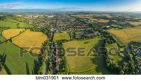 Stock Image - Aerial view of rural fields surrounding Gloucester city, Gloucestershire, England. Fotosearch