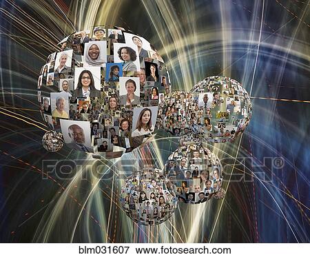 Stock Photo - Globes made of images of faces floating in fiber optic cables. Fotosearch