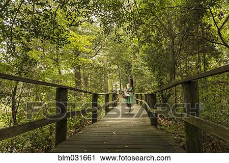 Stock Image - Hispanic woman walking on wooden footbridge in forest. Fotosearch