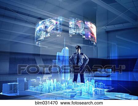 Stock Image - Security guard watching virtual screens over city. Fotosearch