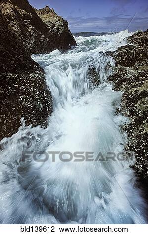 Stock Image - Blurred view of waves over rocks on beach. Fotosearch