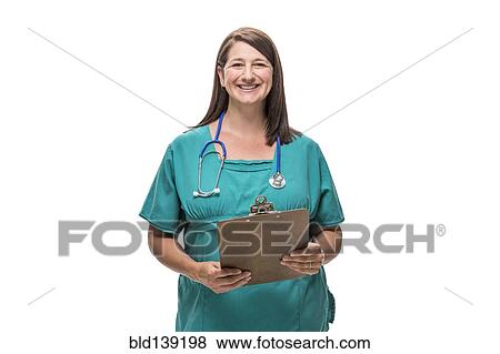 Stock Photo - Caucasian nurse holding clipboard. Fotosearch