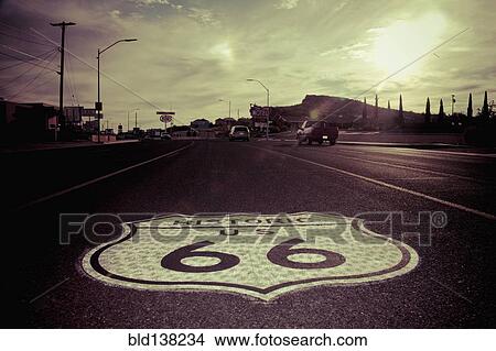 Historic Route 66 sign in pavement on road, Kingman, Arizona, United States View Large Photo Image Picture - Historic Route 66 sign in pavement on road, Kingman, Arizona, United States. Fotosearch