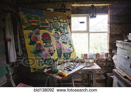 Stock Image - Large painting in art studio. Fotosearch