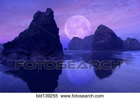 Moon over rock formations on beach, Gold Beach, Oregon, United States View Large Photo Image Stock Photography - Moon over rock formations on beach, Gold Beach, Oregon, United States. Fotosearch