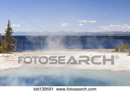 Stock Image - Steam rising from hot springs, Yellowstone National Park, Wyoming, United States. Fotosearch