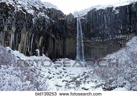 Waterfall and steep cliff in snowy landscape, Svartifoss, Sudhurland, Iceland View Large Photo Image Stock Image - Waterfall and steep cliff in snowy landscape, Svartifoss, Sudhurland, Iceland. Fotosearch