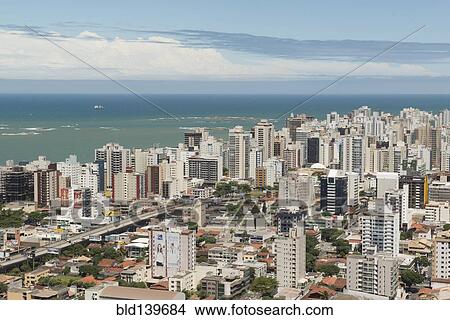 Picture - Aerial view of Vitoria cityscape and ocean, Santo, Brazil. Fotosearch