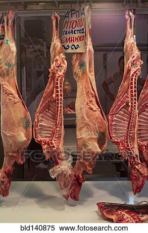 Stock Photography - Meat for sale in butcher shop, Athens, Athens, Greece. Fotosearch