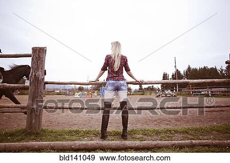 Stock Photo - Caucasian woman watching horses on ranch. Fotosearch