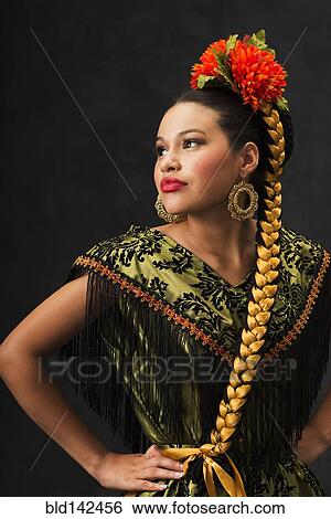 Stock Photograph - Hispanic teenage girl dancing in Puebla Folkloric dress. Fotosearch