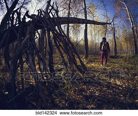 Picture - Man standing near wooden shelter in forest. Fotosearch
