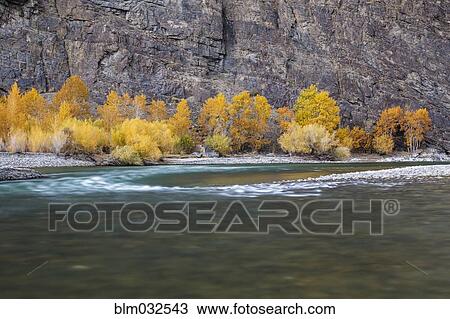 Stock Image - Autumn trees by cliff face and river. Fotosearch